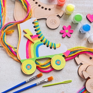 Neon Rainbow Roller Skate Craft Kit - Paint and Yarn Included - Vivid Colors