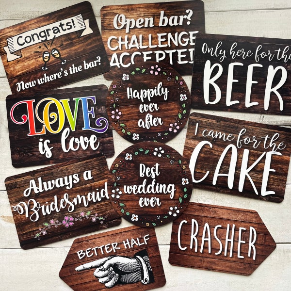 Wedding Mix - Rustic Design - Plastic Photo Booth Phrases - Pick Single Signs or the Full set of 5 colorful signs