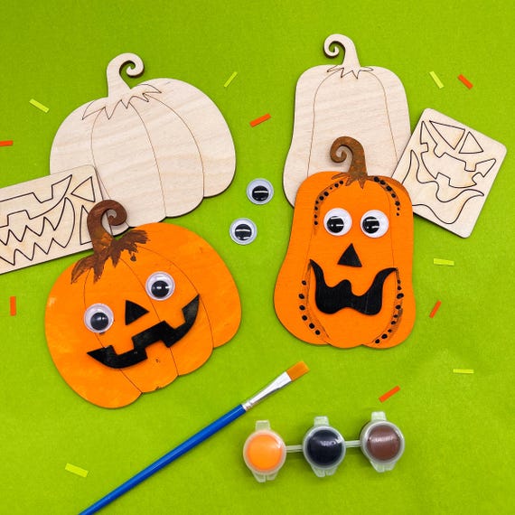 Halloween Jack-o-Lantern Craft Kit: Paint, Brush, & Wood Pumpkin Pieces
