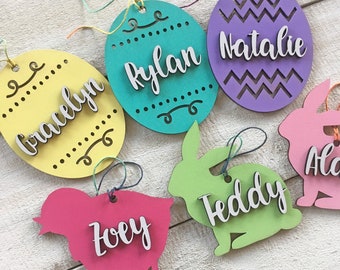 Personalized Easter Basket Tags - Hand painted - Wood - Made in America - Bunny, Chick, Eggs