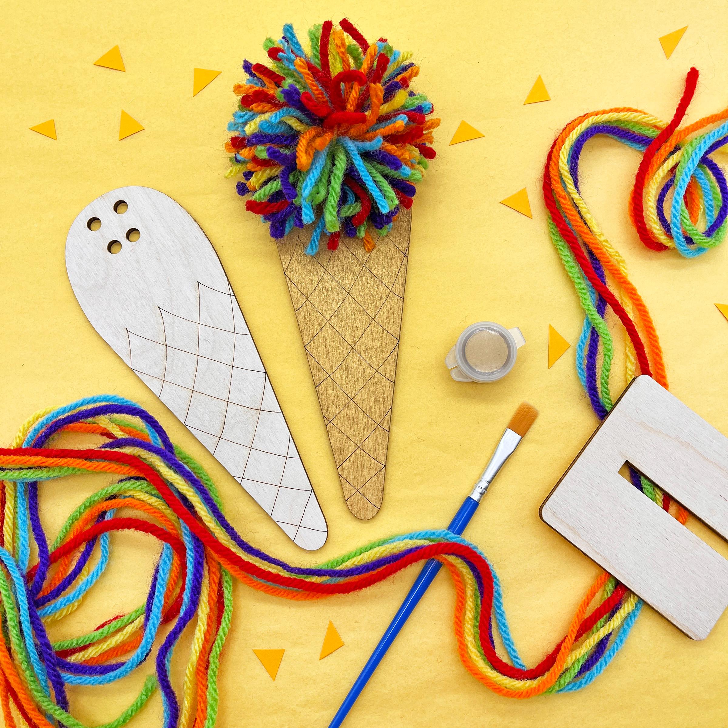 Rainbow Yarn Ice Cream Craft Kit: Paint & Pom-pom DIY Garland