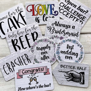 Wedding Mix - Burlap & Lace Designs - Plastic Photo Booth Phrases - Pick Single Signs or the Full set of 5 colorful signs
