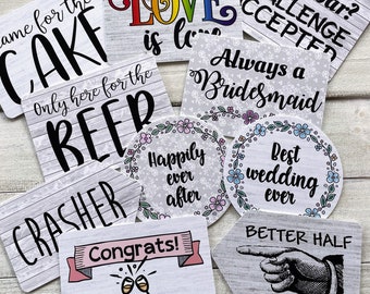 Wedding Mix - Burlap & Lace Designs - Plastic Photo Booth Phrases - Pick Single Signs or the Full set of 5 colorful signs