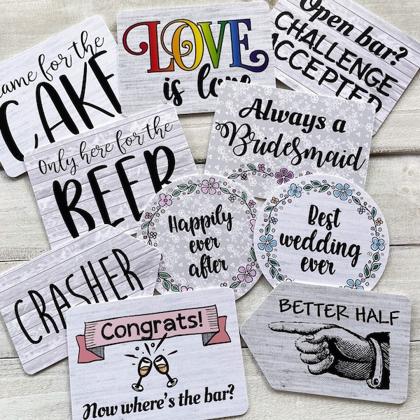 Wedding Mix - Burlap & Lace Designs - Plastic Photo Booth Phrases - Pick Single Signs or the Full set of 5 colorful signs