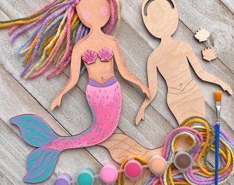 Mermaid Craft Kit with Pastel Rainbow Hair - Paint and Yarn Included