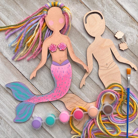 Mermaid Craft Kit with Pastel Rainbow Hair - Paint and Yarn Included