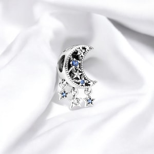 Sterling Silver Moon Star Charm, Blue Stone Moon Pendant, Fits On Pandora Bracelet, Celestial jewellery, Gift For Girlfriend