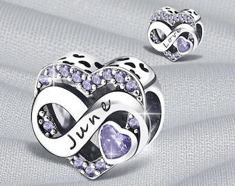 June Birthstone Heart Bead, Design DIY Charm for Bracelet, Jewellery for Women,  Gift for Her, Fits On Pandora Bracelet