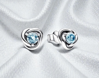 Pendientes de botón con círculo de eternidad y piedra natal de marzo, joyería para mujer, regalo para ella