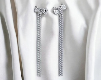 Elegant Bow Drop Earrings For Women, Sparkling Dangling Bow Earrings, Bow Jewellery, Silver Long Bow Earring, Jewellery Gift, Gift For Her