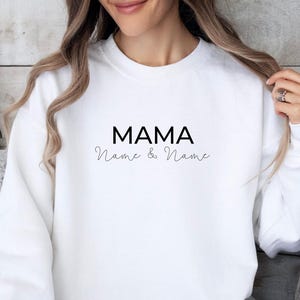 May include: White sweatshirt with the text "MAMA Name & Name" printed in black.