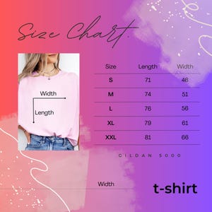 May include: Size chart for a t-shirt with measurements in inches. The chart shows the size, length, and width of the shirt in sizes S, M, L, XL, and XXL. The chart is labelled "GILDAN 5000 t-shirt".
