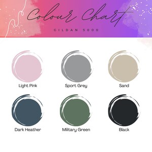 May include: Colour chart for Gildan 5000 t-shirts showing the colours light pink, sport grey, sand, dark heather, military green, and black.