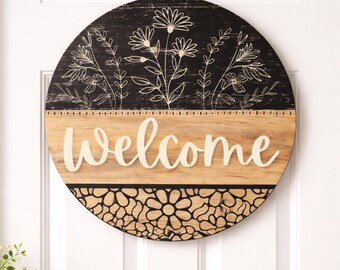 Farmhouse Welcome Sign, Round Wood Front Door Decor (18")