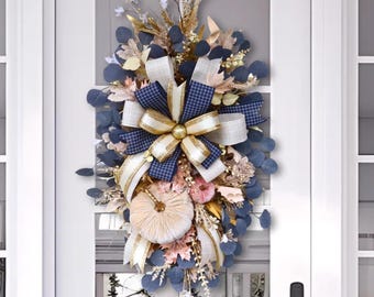 Velvet Pumpkin Door Swag, Navy Gold Bow, Autumn Farmhouse Decor