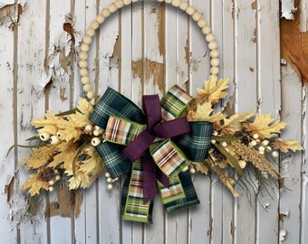 Fall Beaded Hoop Wreath: Rustic Farmhouse Decor with Maple Leaves