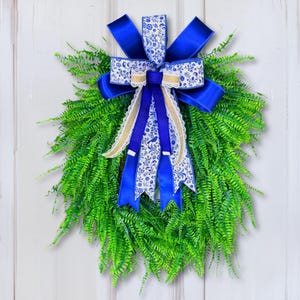 Farmhouse Bead Grass Wreath—Blue Floral Bow, Cascading Greenery, 22×26 Rustic Décor