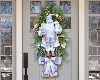 White & Gold Santa Swag, 40" Christmas Wreath for Front Door