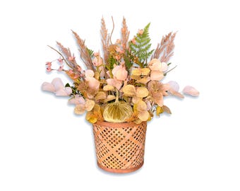 Fall Table Centerpiece — Neutral Floral Arrangement with Velvet Pumpkin