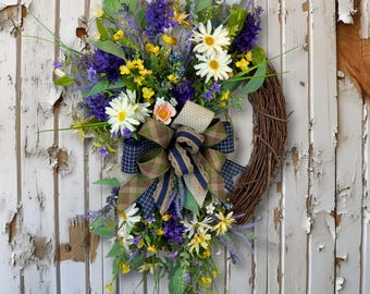 Handmade Farmhouse Wildflower Wreath: Rustic Grapevine, Daisy Decor