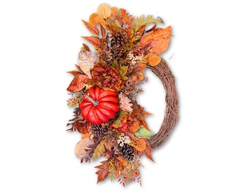 Rustic Fall Pumpkin Wreath: Grapevine, Pinecones, & Berries