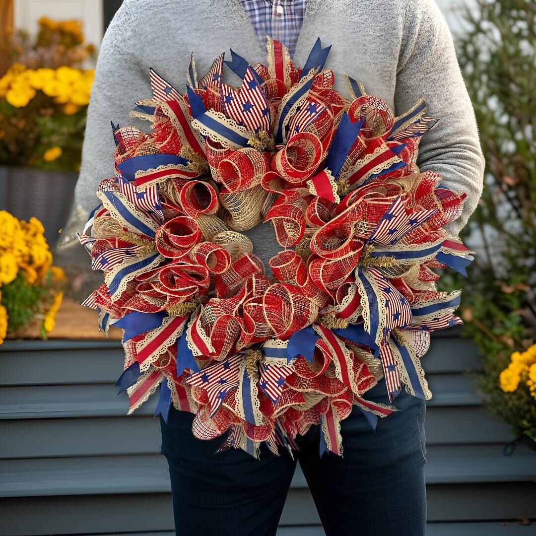 Burlap Patriotic Wreath – Handmade 4th of July Door Decor, Rustic ...