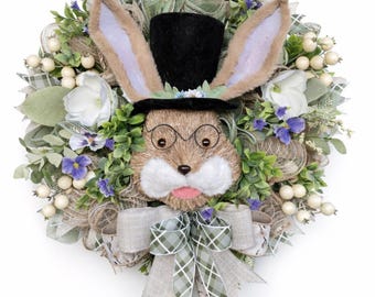 Handmade Easter Bunny Wreath, Front Door – Top Hat & Glasses, Neutral Green Plaid Bow