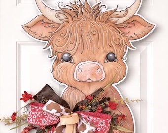 Highland Cow Door Hanger, Highland Cow Wreath, Farmhouse Cow Front Door Decor, Rustic Cow Welcome Sign, Farmhouse Door Hanger