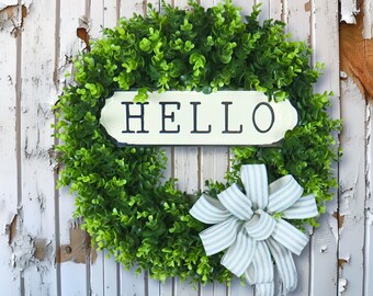 Boxwood Hello Wreath - 20" Faux Greenery Farmhouse Door Decor