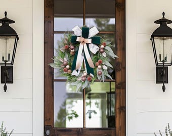 Winter Wreath for Front Door, Green Velvet Bow & Gold Ornaments, Farmhouse Decor