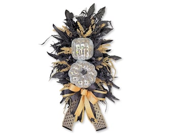 Halloween Disco Pumpkin Door Swag: Black & Gold Glam Wreath