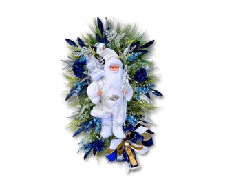 White Santa Christmas Swag, Navy Blue Holiday Door Decoration