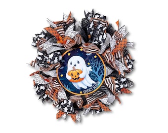 Ghost Halloween Front Door Wreath — 24" Spooky Black & White Décor, Seasonal Door Decoration