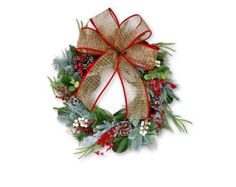 Frosted Evergreen Winter Wreath, Red Berries, Burlap Bow, Pinecones, 28" Door Hanger
