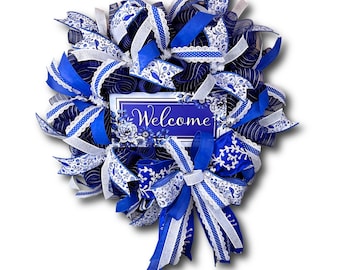 Chinoiserie Welcome Wreath — Blue & White Ribbon, Year-Round Front Door Décor