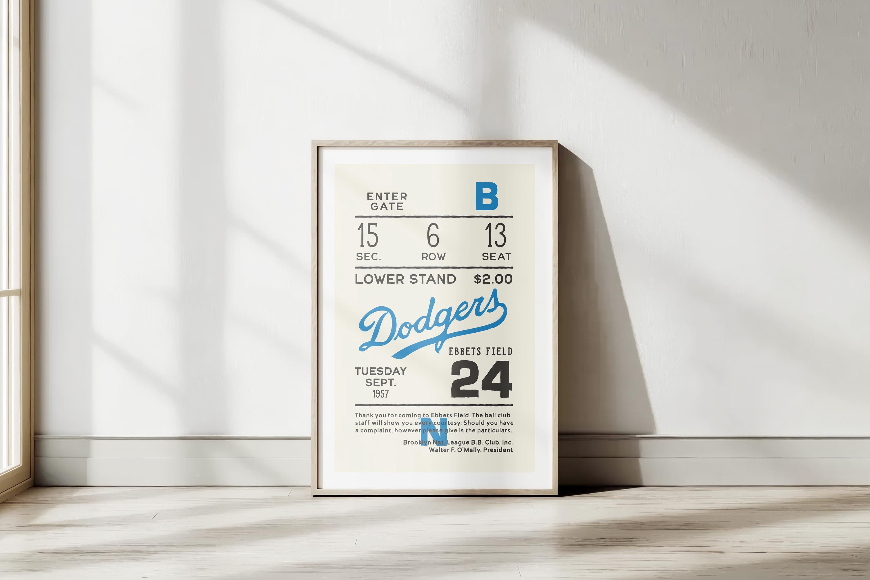 Discover Vintage 1957 Dodgers Ticket Stub  Retro Sports Wall Art Poster