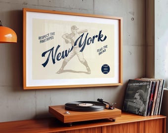 May include: A framed print with a baseball theme, featuring a vintage illustration of a baseball player and the words "New York" in navy blue script. The print also includes the phrases "Respect the Pinstripes" and "Fear the Bronx."