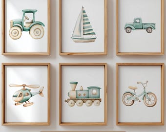 Set of 12 Vehicle Prints, Sage Green Beige Boys Room Wall Art, Transportation Nursery Decor, Truck Airplane Train Car, Digital Download Art