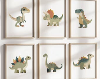 Cartoon Dinosaur Wall Art Set of 6, Green Blue & Orange Dino Nursery Prints, Kids Playroom Decor, Cute Watercolor Dinos, Digital Download