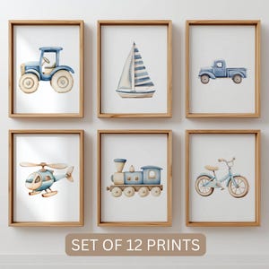 Set of 12 Vehicle Prints, Blue Beige Boys Room Wall Art, Transportation Nursery Decor, Truck Airplane Train Car Printable, Digital Download