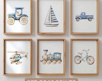 Set of 12 Vehicle Prints, Blue Beige Boys Room Wall Art, Transportation Nursery Decor, Truck Airplane Train Car Printable, Digital Download