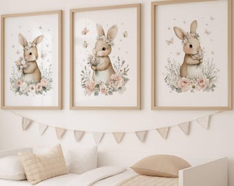 Watercolor Bunny Nursery Wall Art Set of 3, Floral Bunny Prints, Flower Crown Bunnies, Baby Girl Nursery Decor, Printable Digital Download