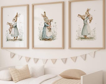 Mom and Baby Bunny Nursery Wall Art Set of 3, Mother Daughter Prints Baby Girl Nursery Decor Watercolor Bunny Art Printable Digital Download
