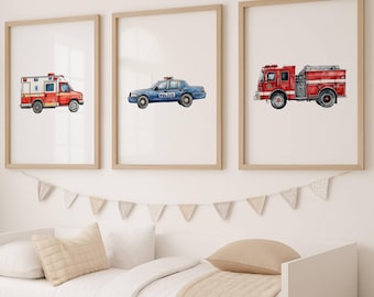 Set of 3 Emergency Vehicle Prints, Police Car, Ambulance & Fire Truck Wall Art, Kids Room Decor, Boy Bedroom, Nursery Digital Download Print