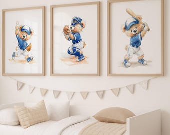 Baseball Teddy Bear Nursery Wall Art, Set of 3 – Catcher, Batter & Pitcher – Sports Nursery Printable for Boys Room, Baseball Theme Decor