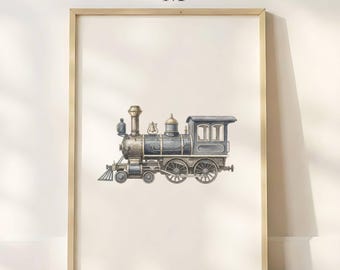 Vintage Blue Train Nursery Print, Watercolor Steam Locomotive Wall Art, Boy Nursery Decor, Transportation Nursery, Instant Digital Download