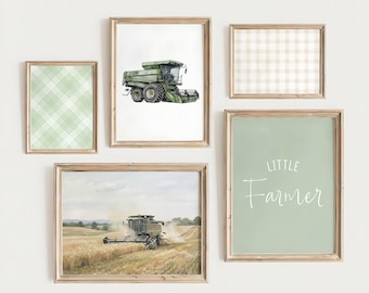 Farm Nursery Gallery, Set of 5 Prints, Little Farmer Nursery Decor, Green Tractor Combine Artwork, Country Boy Room Decor, Digital Download