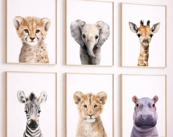 Safari Nursery Wall Art Set of 6, Watercolor Baby Animal Prints, Jungle Animal Nursery Decor, Elephant Lion Giraffe Zebra, Digital Download