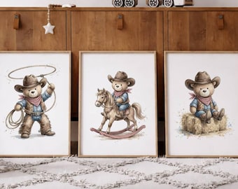 Cowboy Teddy Bear Nursery Wall Art Set of 3 | Western Nursery Decor | Farm Nursery Prints | Cowboy Bear Wall Art | Instant Digital Download
