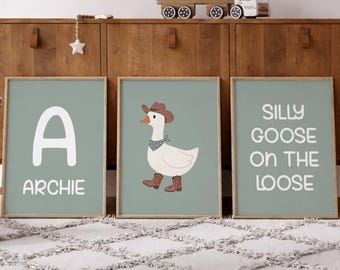 Cowboy Goose Nursery Wall Art Set of 3 | Silly Goose On The Loose Print | Personalized Name Initial Print | Baby Boy Room | Digital Download